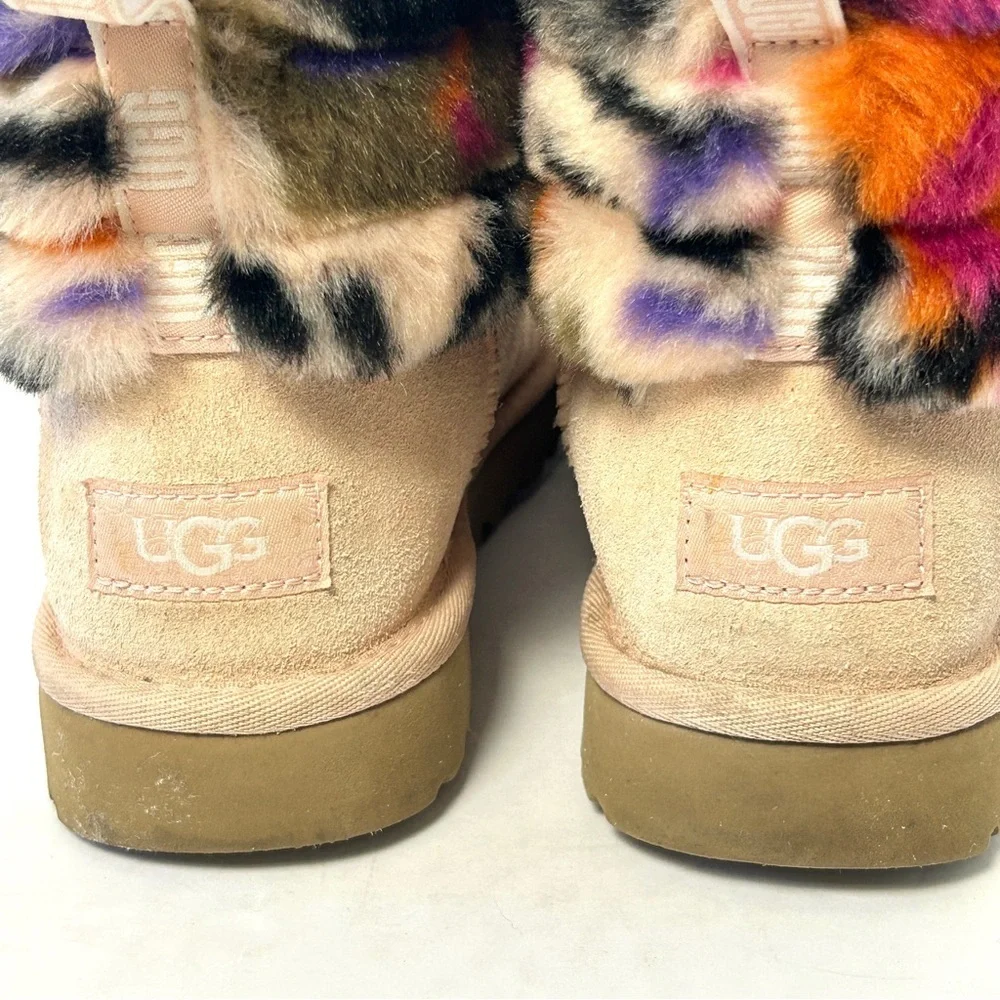 UGG Fluff Mini Quilted Motlee Boots Shoe Suede Sheepskin Pink Size EU 38 US 7